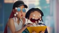 Mira and Zoey’s reaction after seeing the rival boy band Saja Boys for the first time in KPop Demon Hunters. (Image via Netflix)